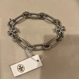 Tory Burch Roxanne Crystal Logo Bracelet in silver